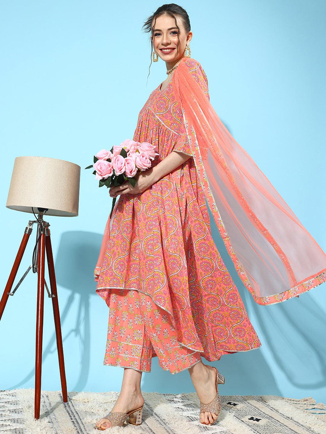 Peach Printed Cotton A-Line Kurta With Palazzos & Dupatta - ShopLibas