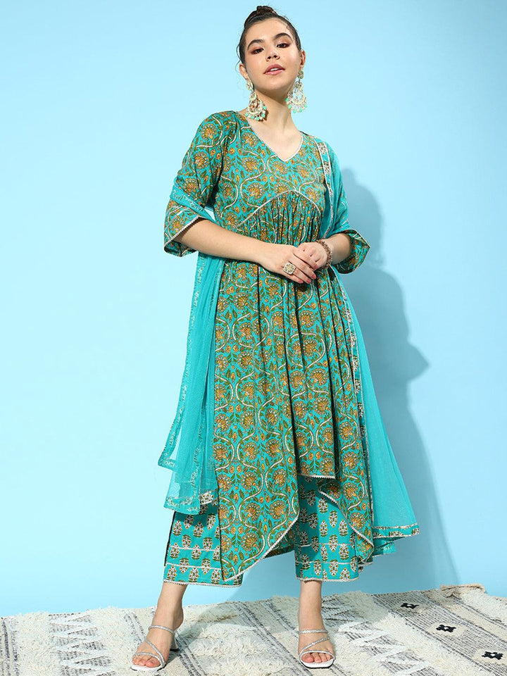 Blue Printed Cotton A-Line Kurta With Palazzos & Dupatta