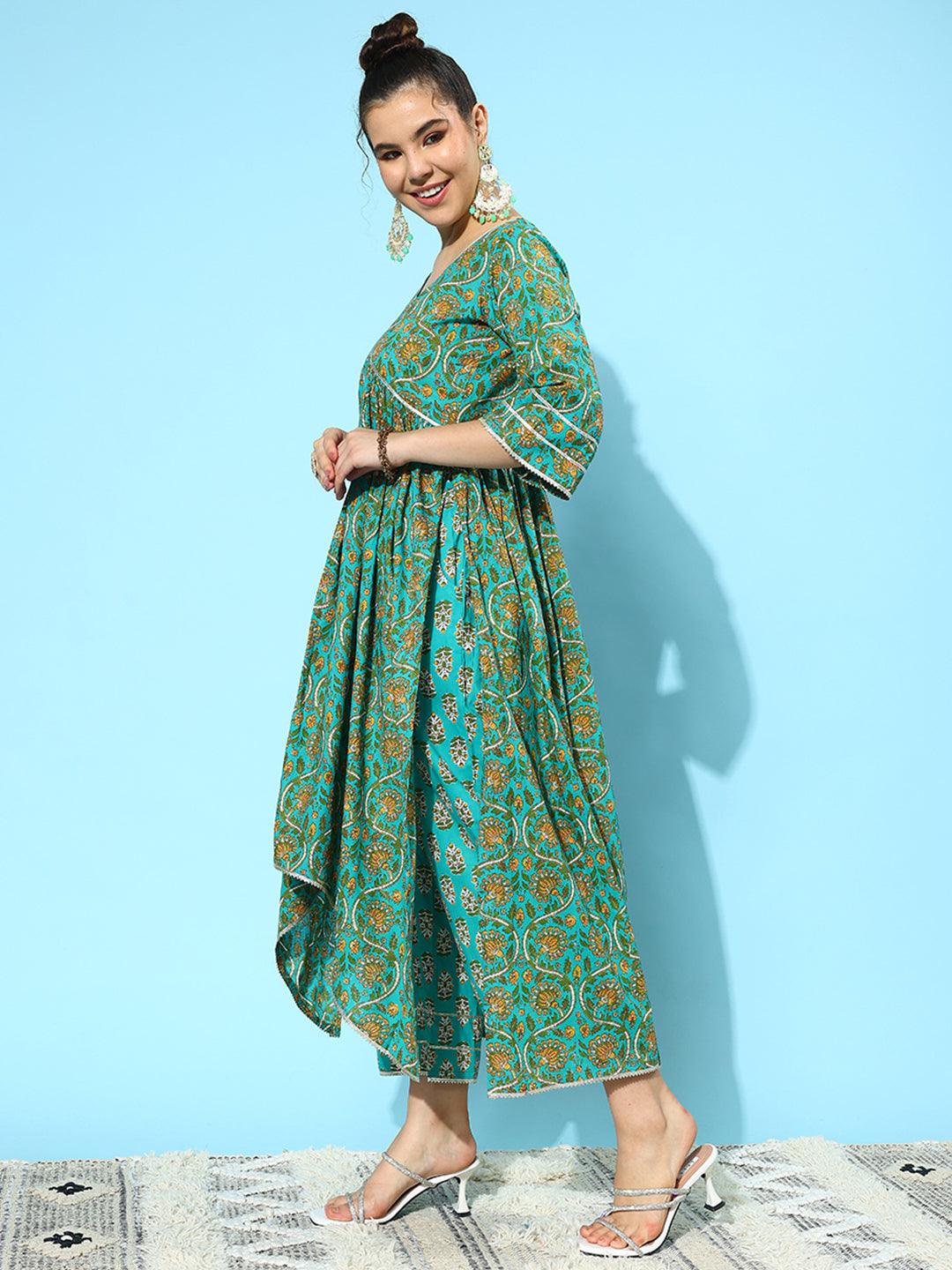 Blue Printed Cotton A-Line Kurta With Palazzos & Dupatta - ShopLibas