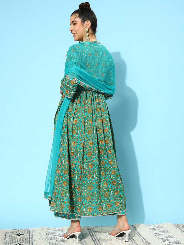 Blue Printed Cotton A-Line Kurta With Palazzos & Dupatta