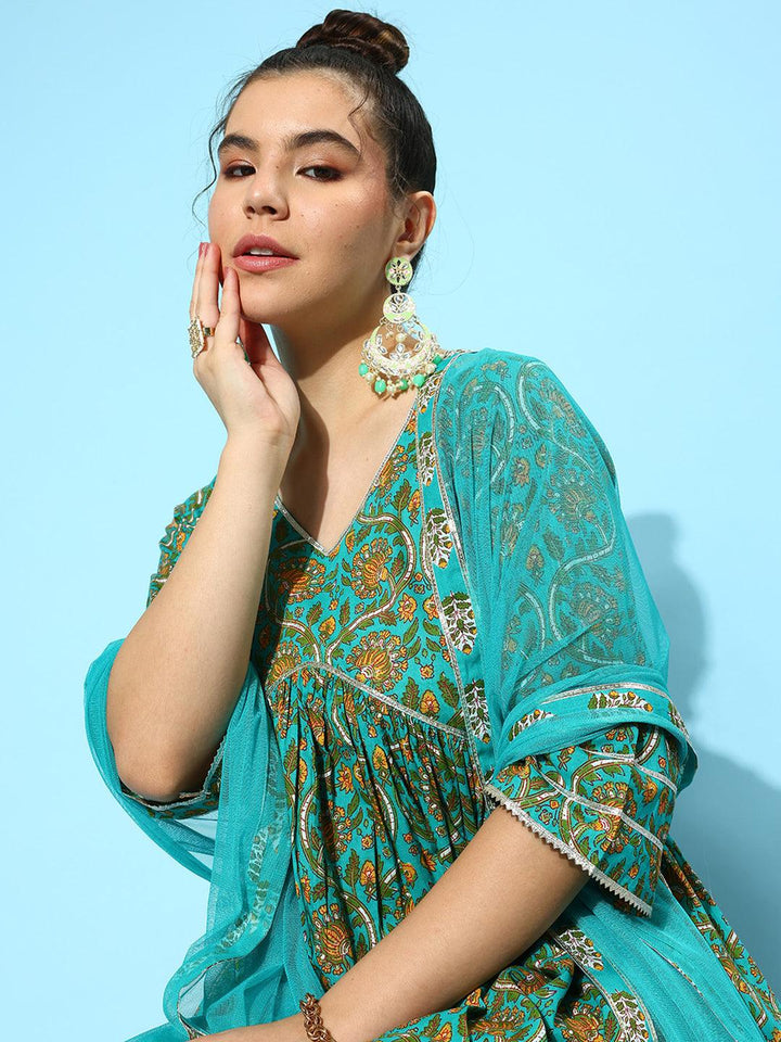 Blue Printed Cotton A-Line Kurta With Palazzos & Dupatta