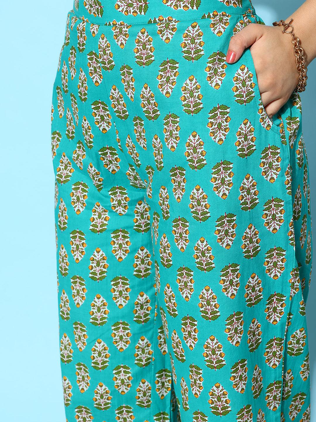 Blue Printed Cotton A-Line Kurta With Palazzos & Dupatta - ShopLibas