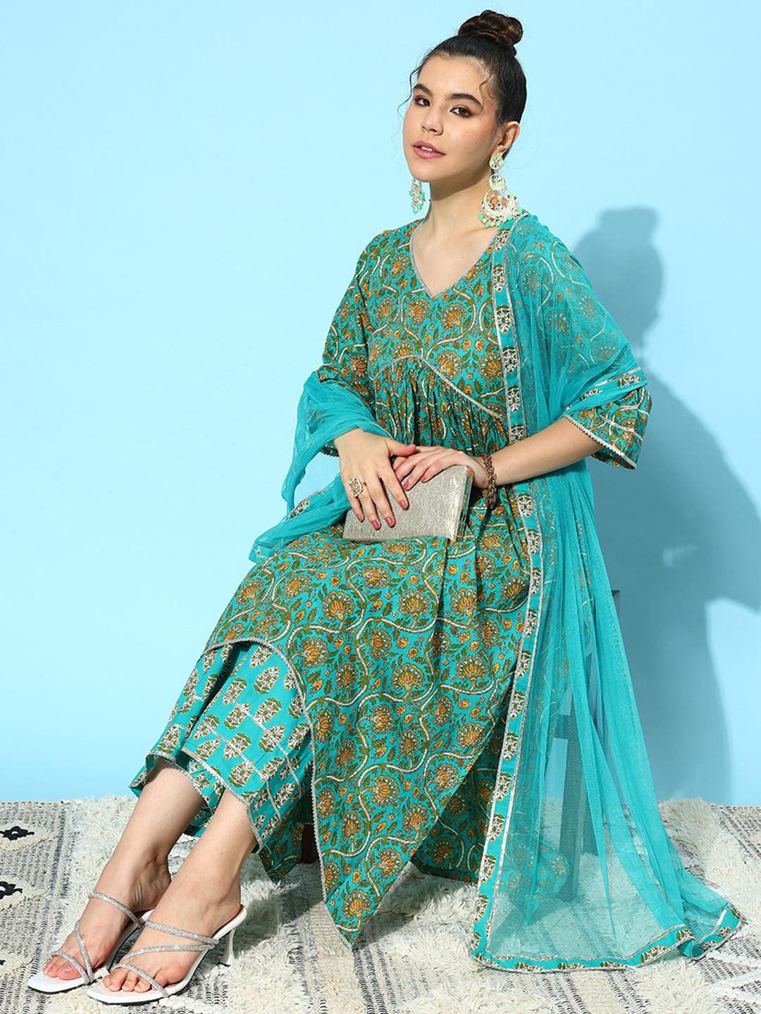 Blue Printed Cotton A-Line Kurta With Palazzos & Dupatta - ShopLibas