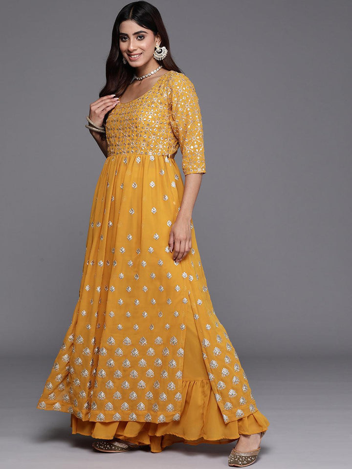 Mustard Embroidered Georgette A-Line Kurta With Palazzos & Dupatta