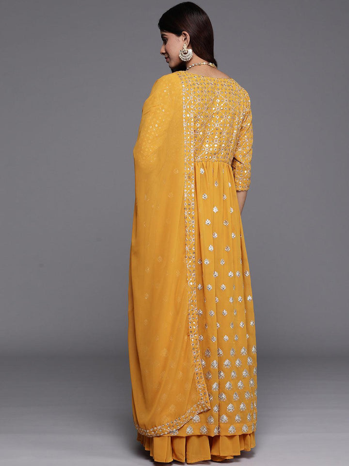 Mustard Embroidered Georgette A-Line Kurta With Palazzos & Dupatta