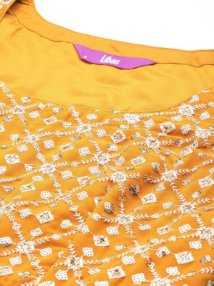 Mustard Embroidered Georgette A-Line Kurta With Palazzos & Dupatta