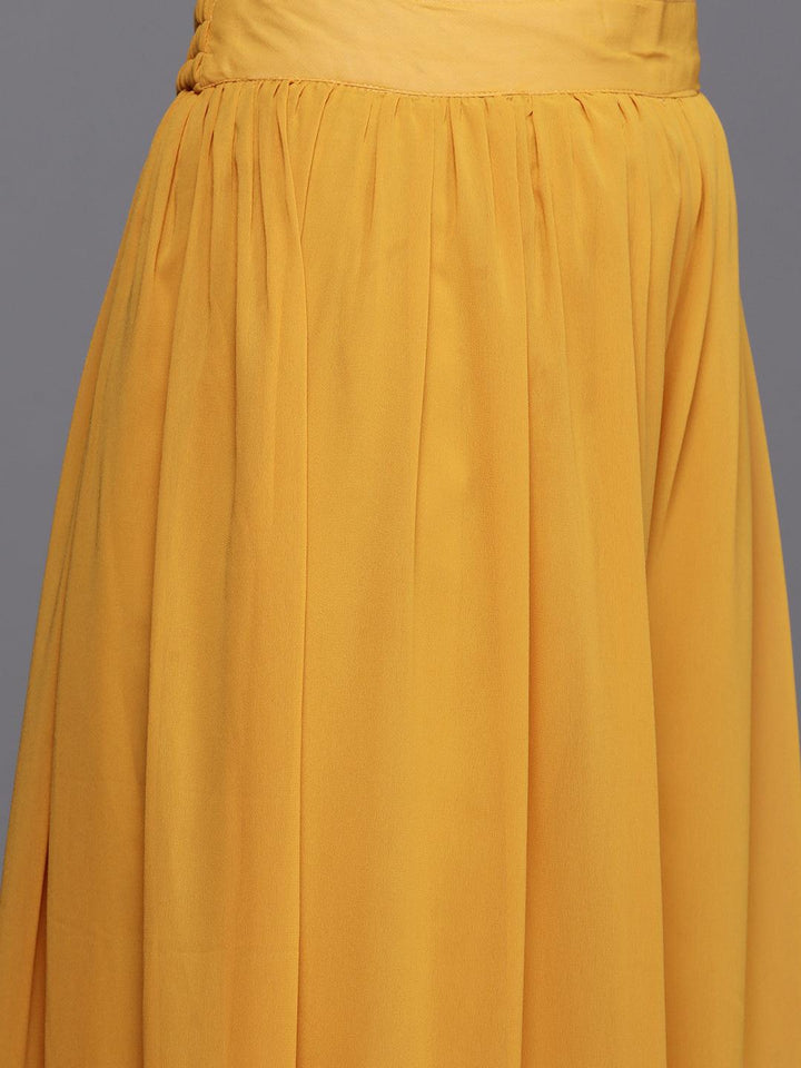 Mustard Embroidered Georgette A-Line Kurta With Palazzos & Dupatta