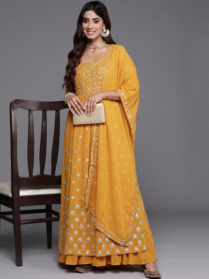 Mustard Embroidered Georgette A-Line Kurta With Palazzos & Dupatta