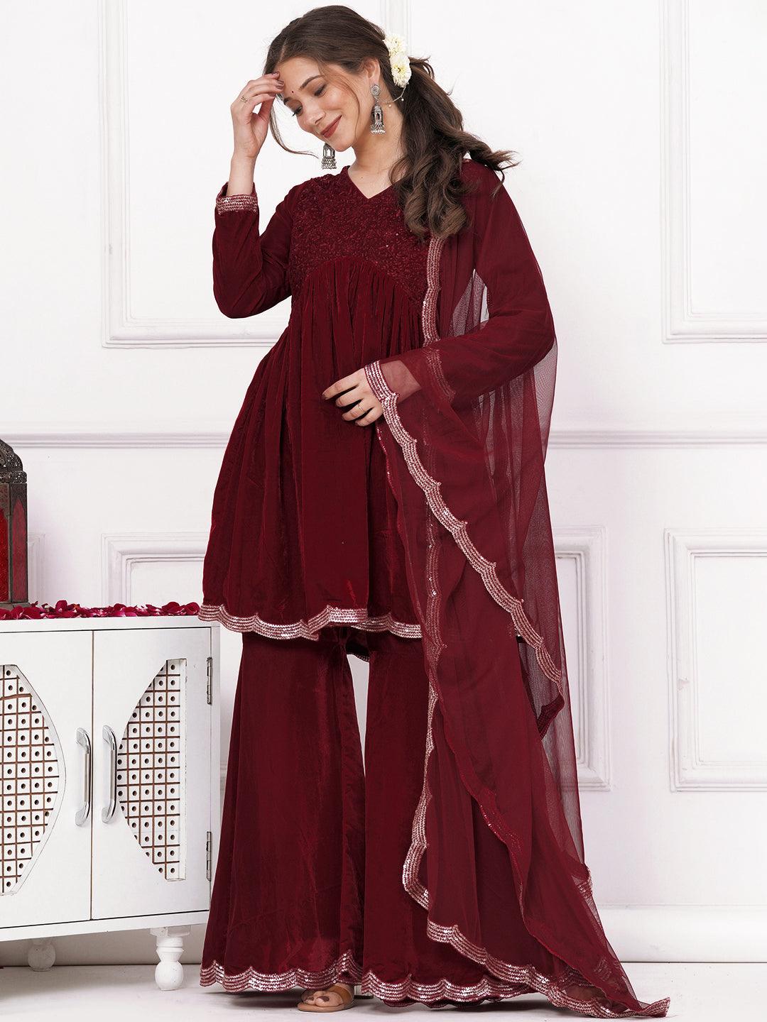 Burgundy Velvet Velvet Suit Set Womens Buy Maroon Embroidered