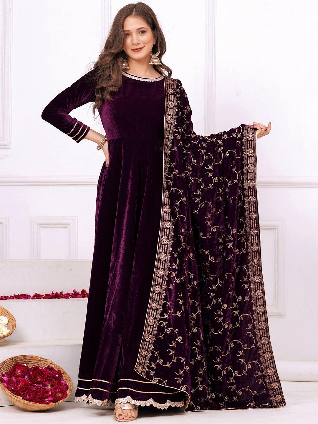 velvet anarkali dress designs Nawab Designer Wine Velvet Anarkali Suit Set for Women Online UrbanStree