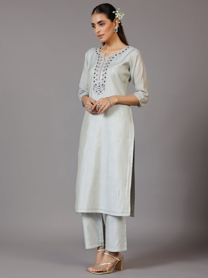 Grey Yoke Design Chanderi Silk Straight Kurta With Trousers & Dupatta