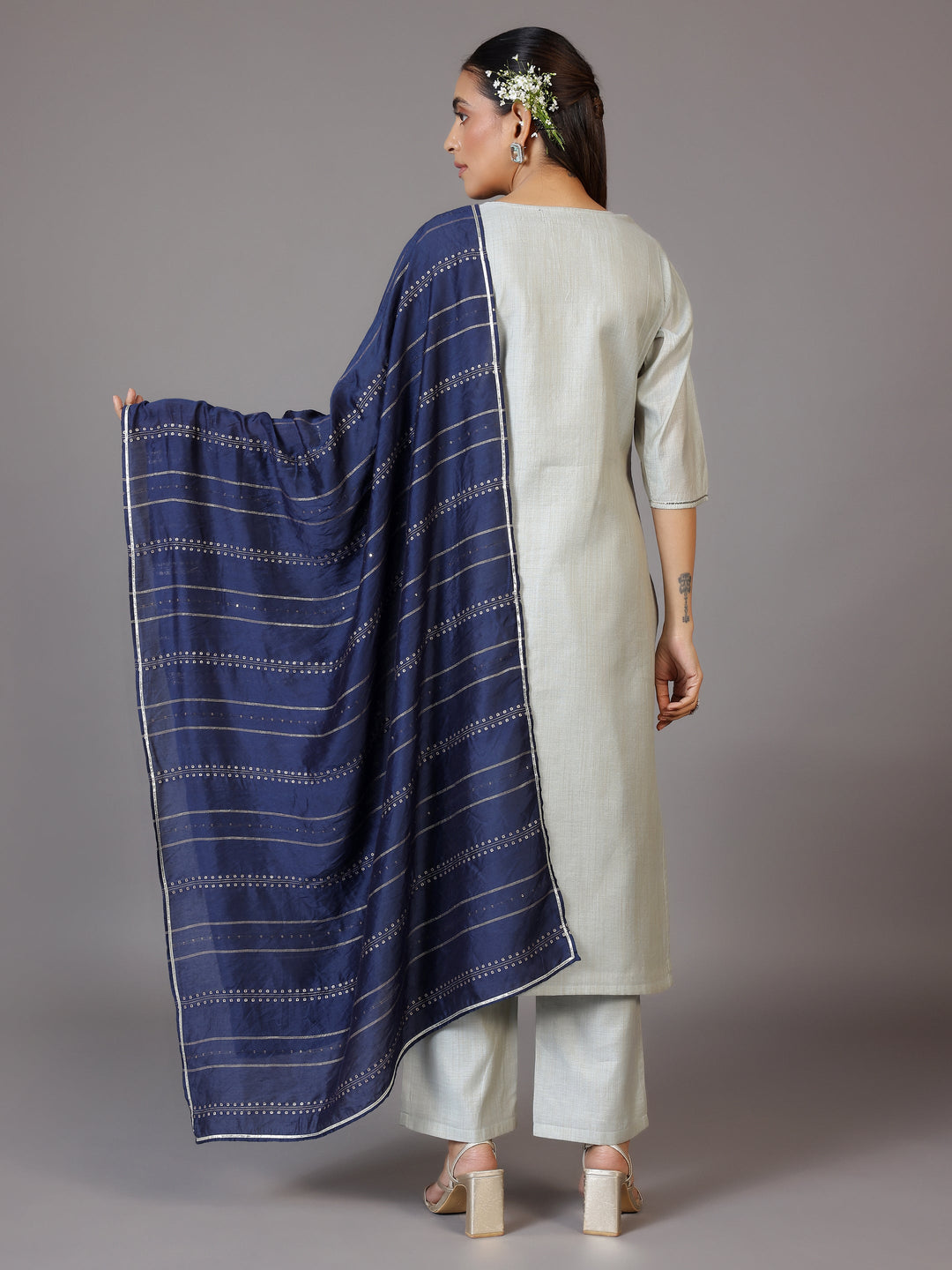 Grey Yoke Design Chanderi Silk Straight Kurta With Trousers & Dupatta