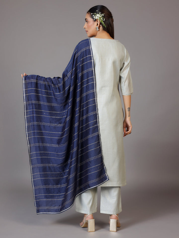 Grey Yoke Design Chanderi Silk Straight Kurta With Trousers & Dupatta