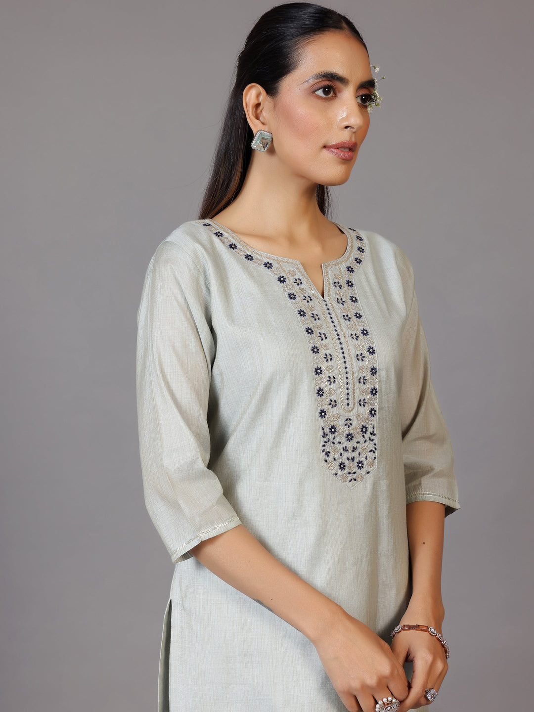 Grey Yoke Design Chanderi Silk Straight Kurta With Trousers & Dupatta