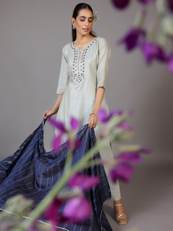 Grey Yoke Design Chanderi Silk Straight Kurta With Trousers & Dupatta