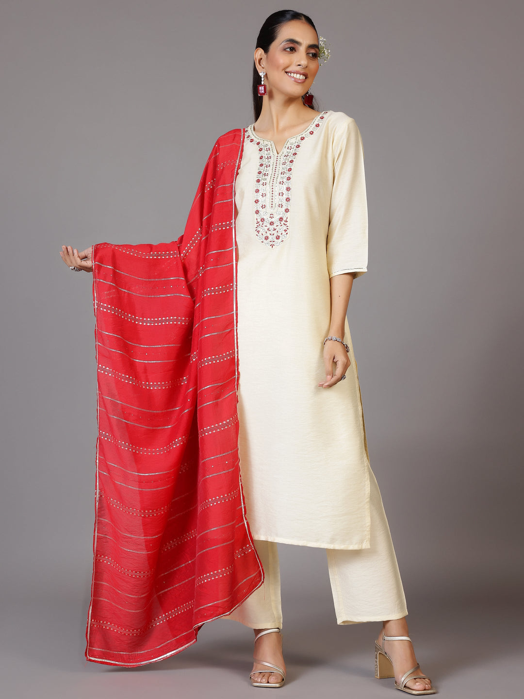 Off White Yoke Design Silk Blend Straight Kurta With Trousers & Dupatta