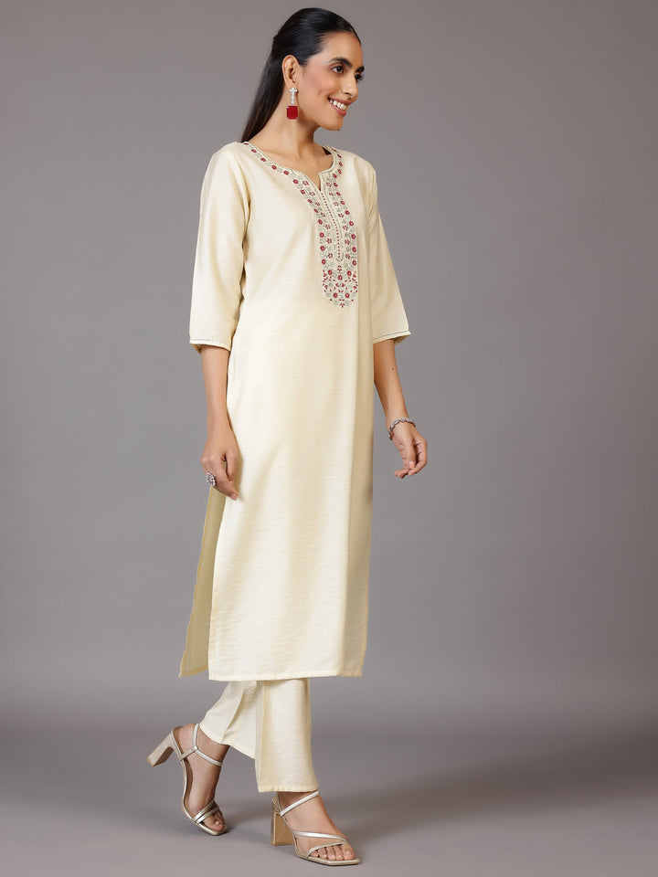 Off White Yoke Design Silk Blend Straight Kurta With Trousers & Dupatta