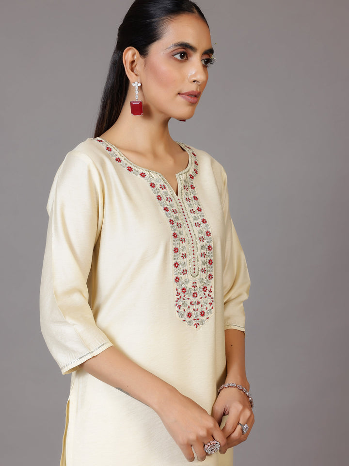 Off White Yoke Design Silk Blend Straight Kurta With Trousers & Dupatta