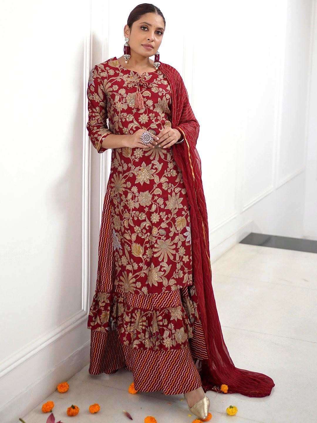 Maroon Printed Silk Blend Straight Kurta With Skirt & Dupatta - ShopLibas