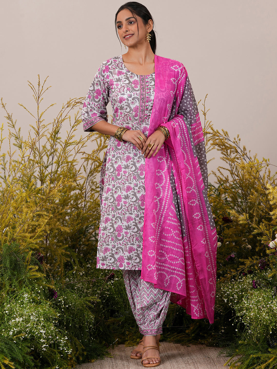 Pink Printed Cotton Straight Suit With Dupatta