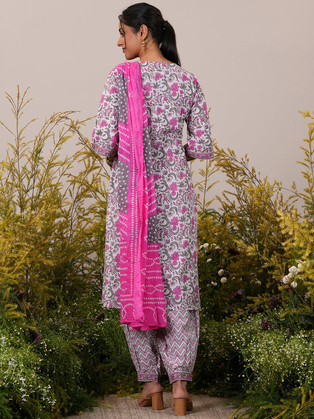 Pink Printed Cotton Straight Suit With Dupatta