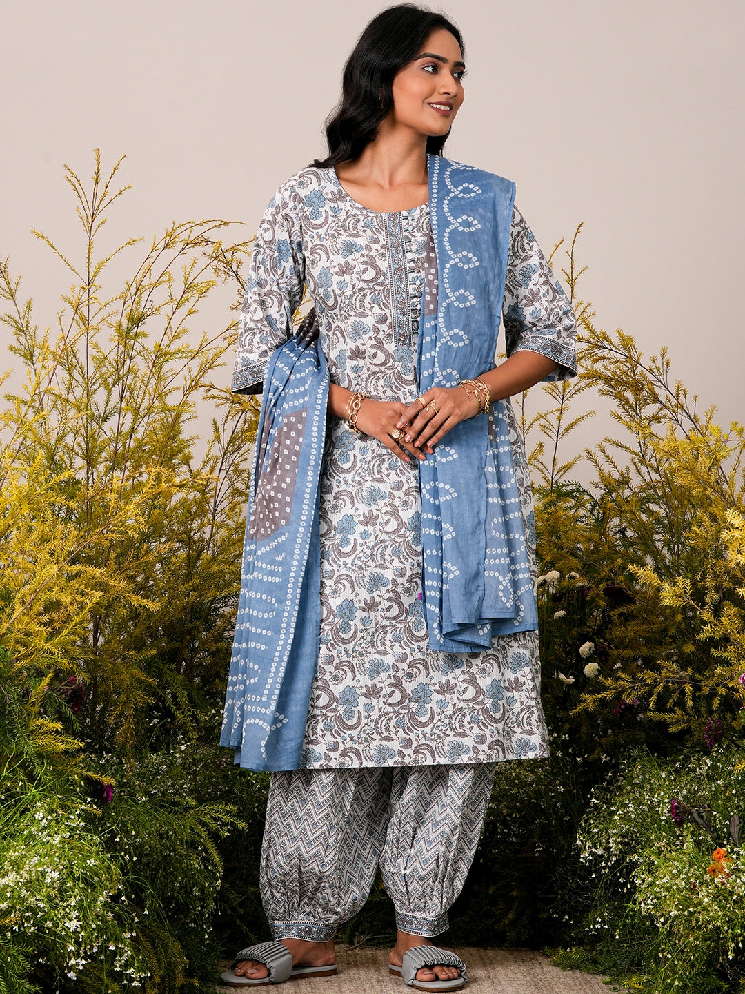 Blue Printed Cotton Straight Suit With Dupatta
