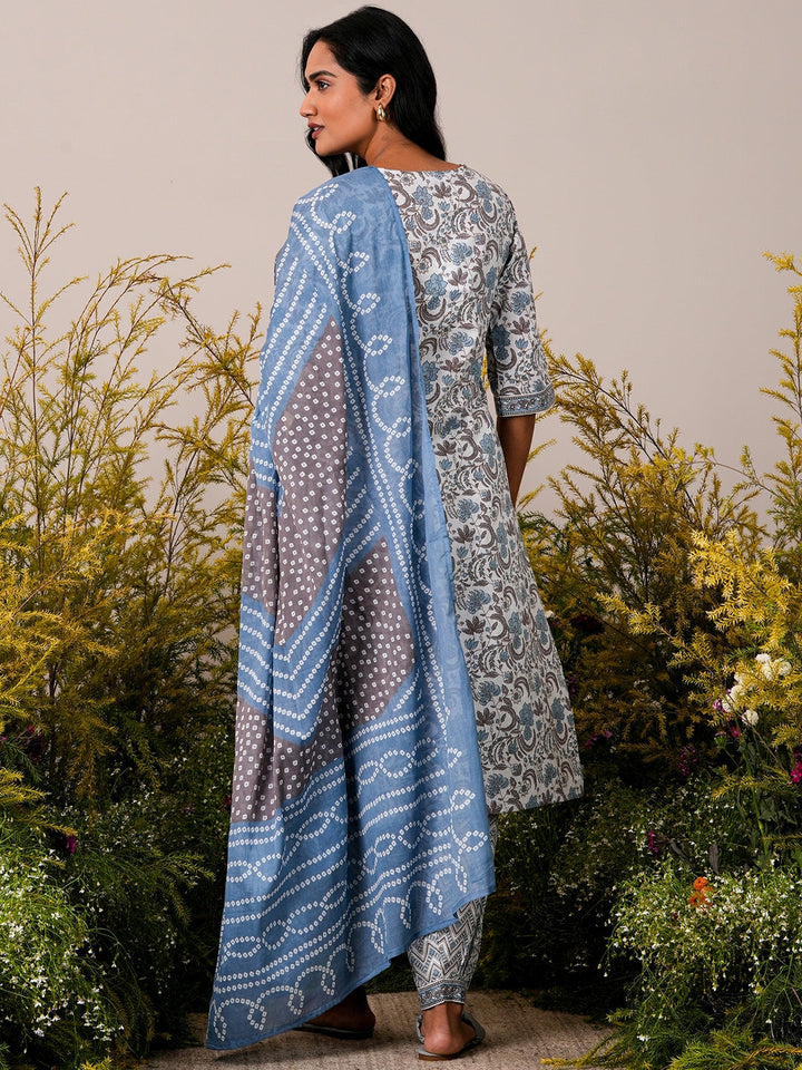 Blue Printed Cotton Straight Suit With Dupatta