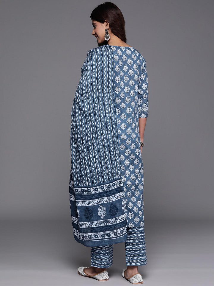 Blue Printed Cotton Straight Suit With Dupatta