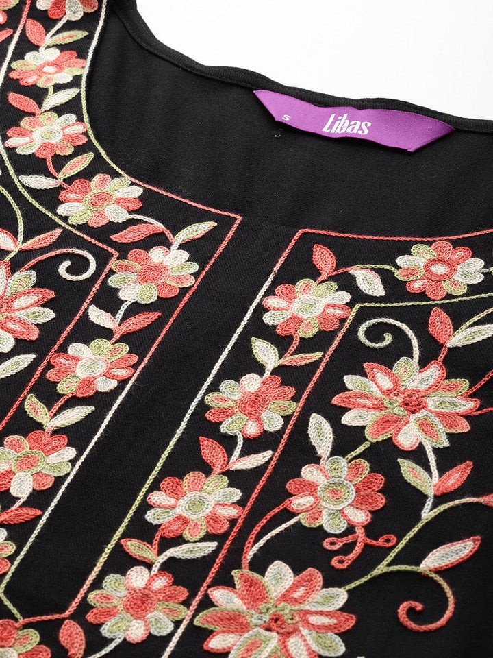 Black Yoke Design Wool Blend Straight Kurta Set