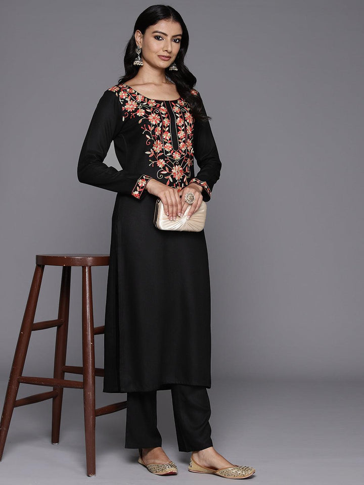 Black Yoke Design Wool Blend Straight Kurta Set