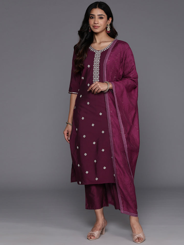 Wine Embroidered Silk Blend Straight Suit With Dupatta