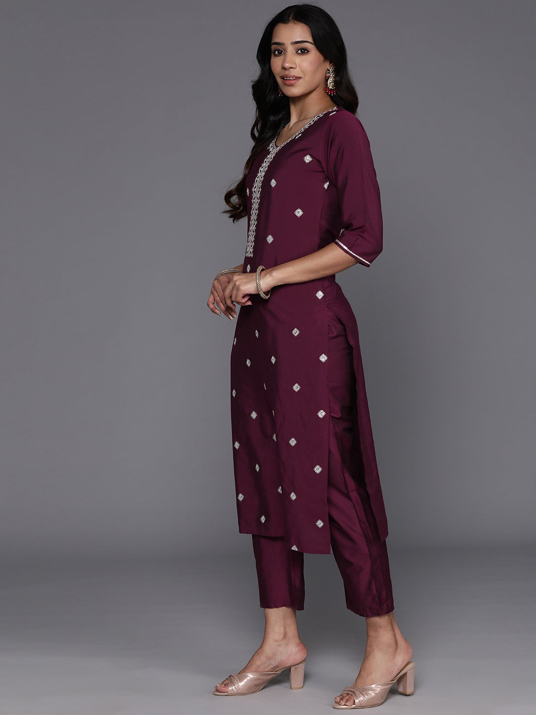 Wine Embroidered Silk Blend Straight Suit With Dupatta