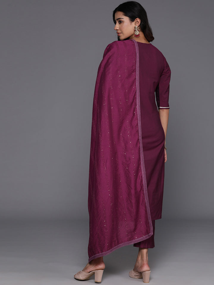 Wine Embroidered Silk Blend Straight Suit With Dupatta