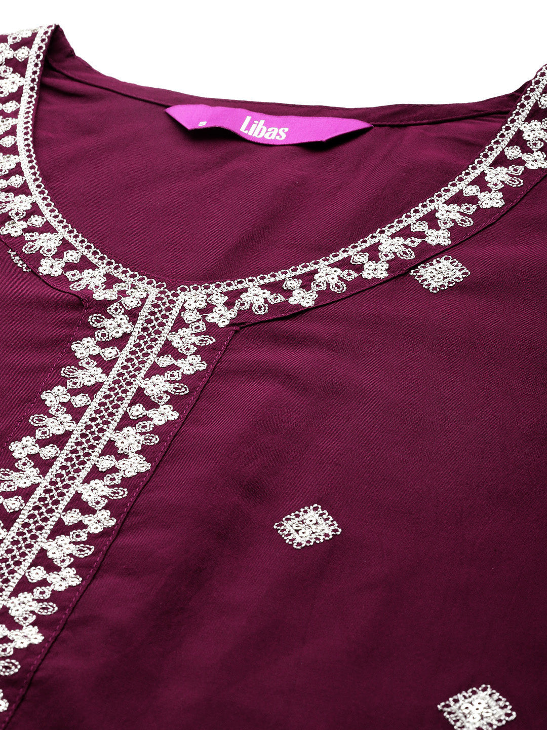Wine Embroidered Silk Blend Straight Suit With Dupatta