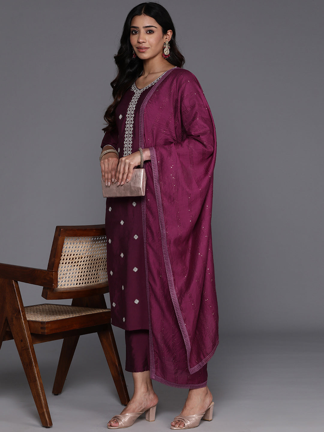 Wine Embroidered Silk Blend Straight Suit With Dupatta