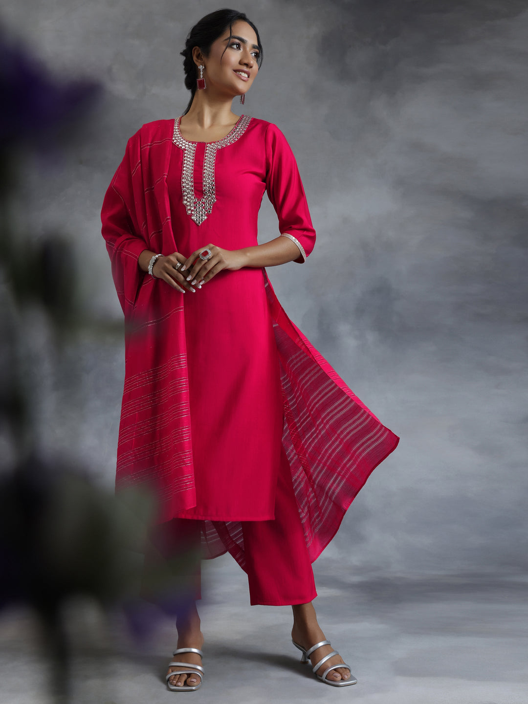Pink Embroidered Silk Blend Straight Suit With Dupatta