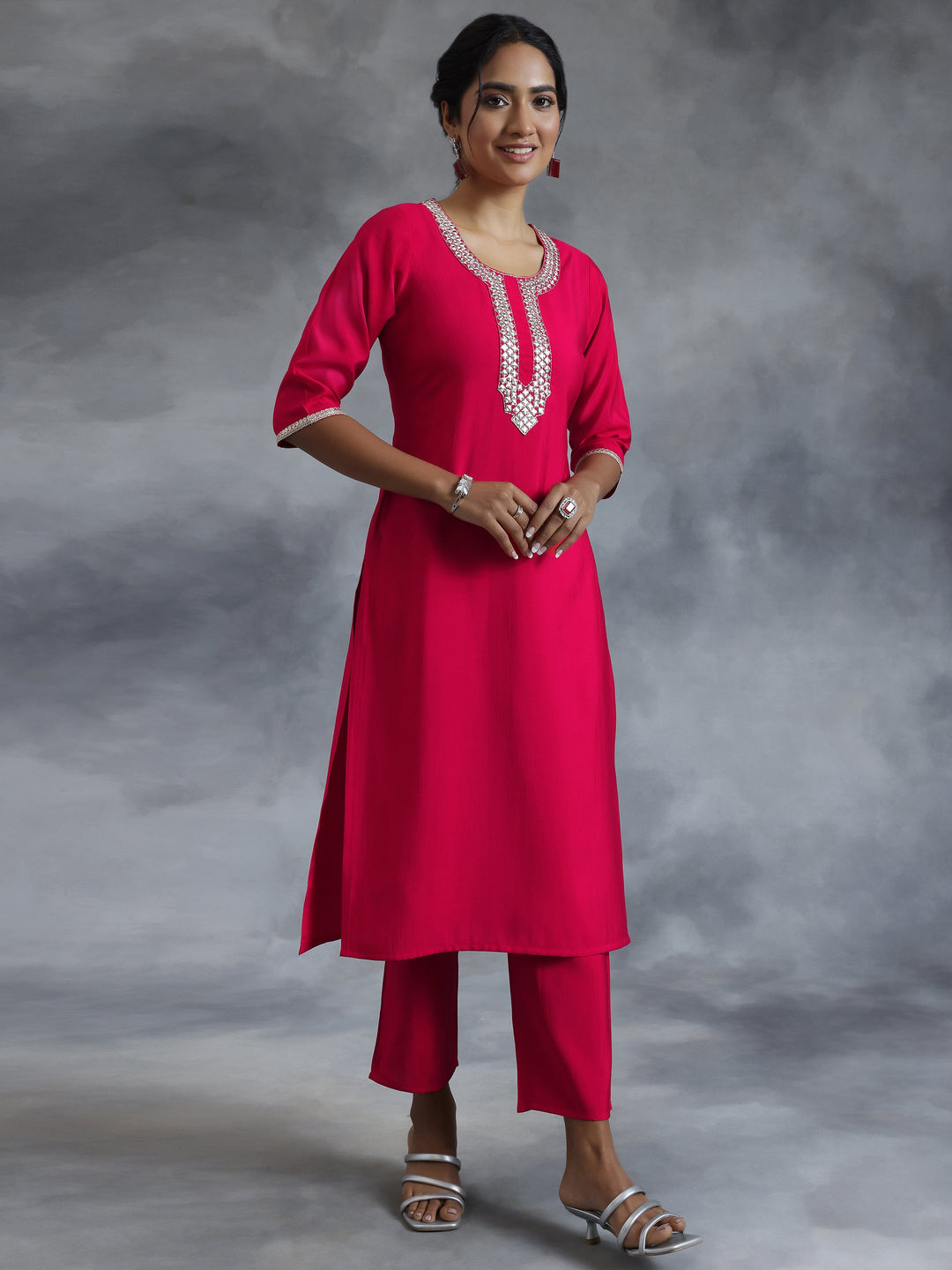 Pink Embroidered Silk Blend Straight Suit With Dupatta
