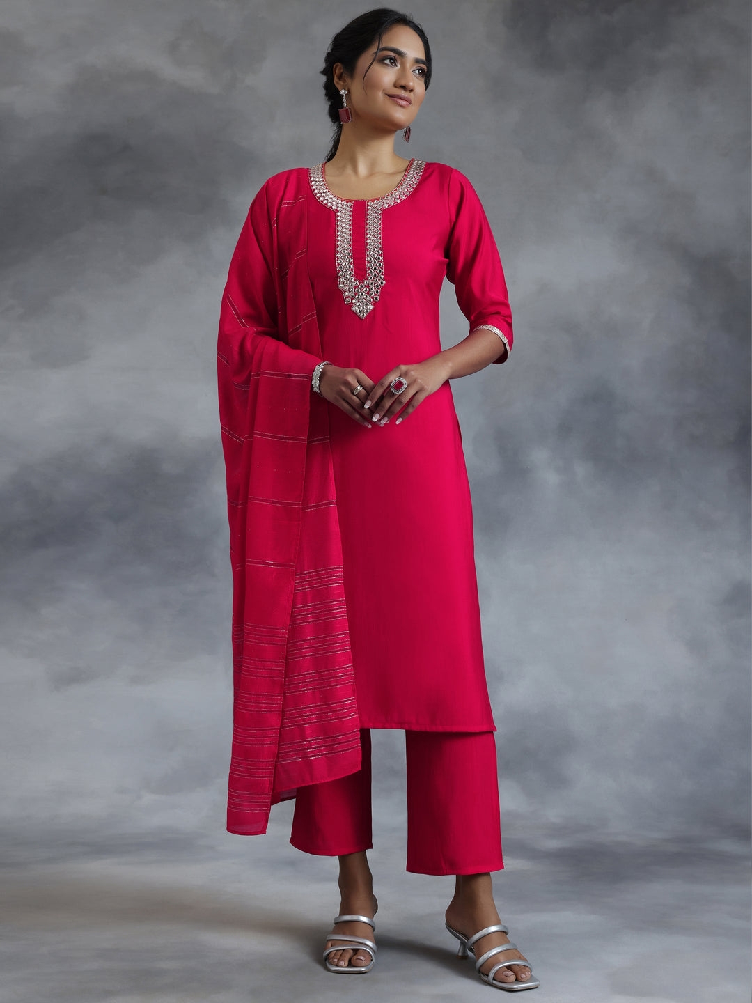 Pink Embroidered Silk Blend Straight Suit With Dupatta