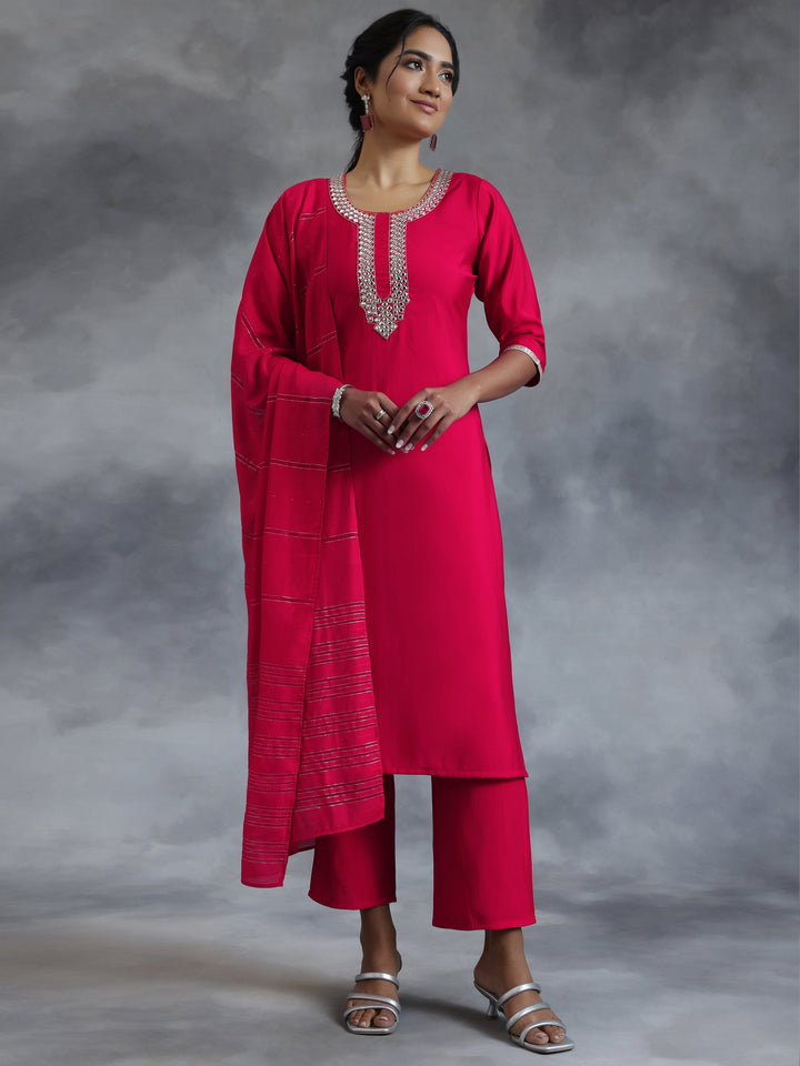 Pink Embroidered Silk Blend Straight Suit With Dupatta