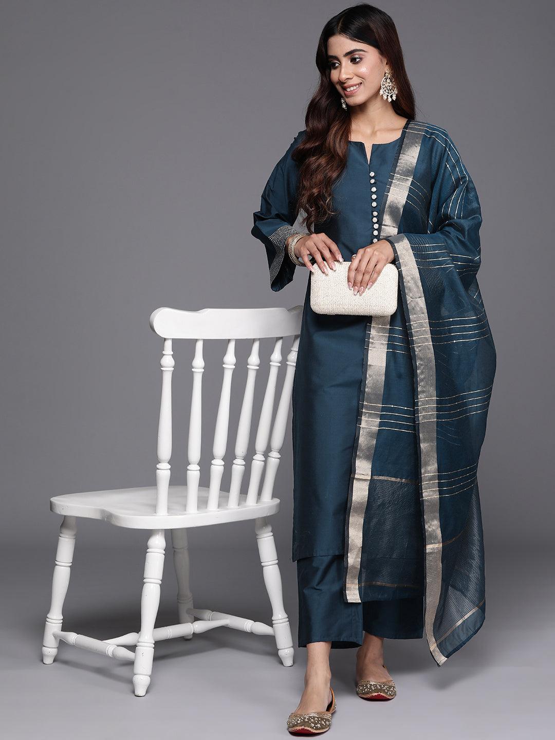 Blue Solid Silk Blend Straight Kurta With Trousers & Dupatta - ShopLibas
