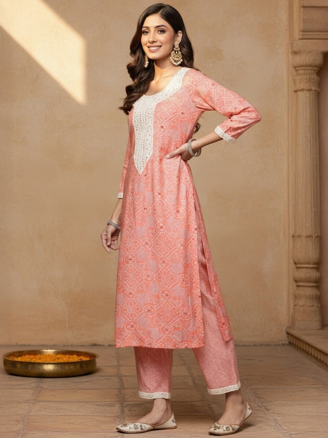 Pink Printed Silk Blend Straight Suit Set