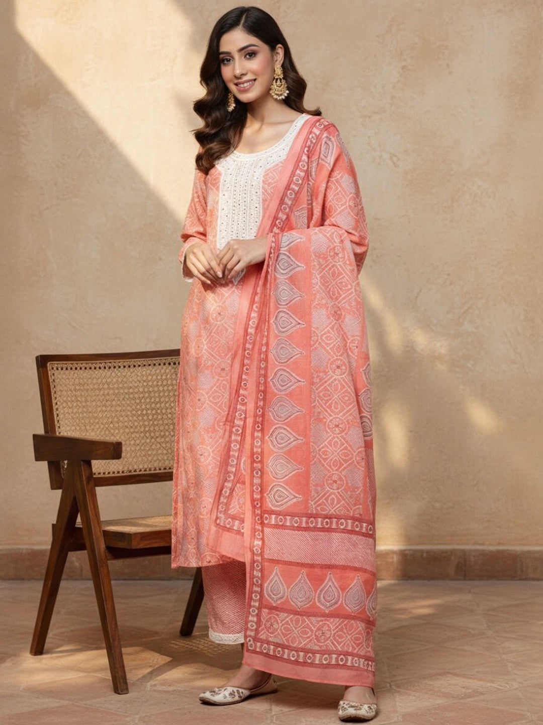 Pink Printed Silk Blend Straight Suit Set