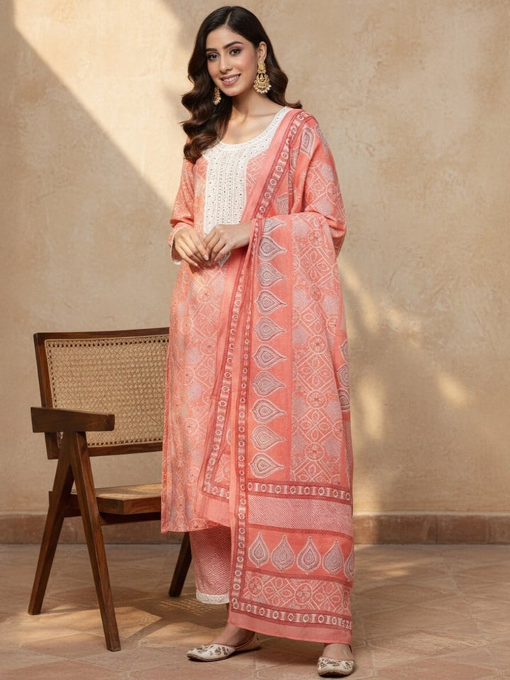 Pink Printed Silk Blend Straight Suit Set
