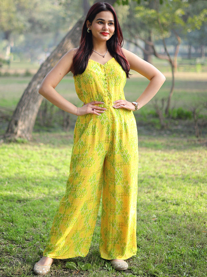 Lime Green Printed Georgette Jumpsuit