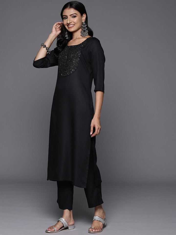 Black Yoke Design Wool Blend Straight Kurta Set