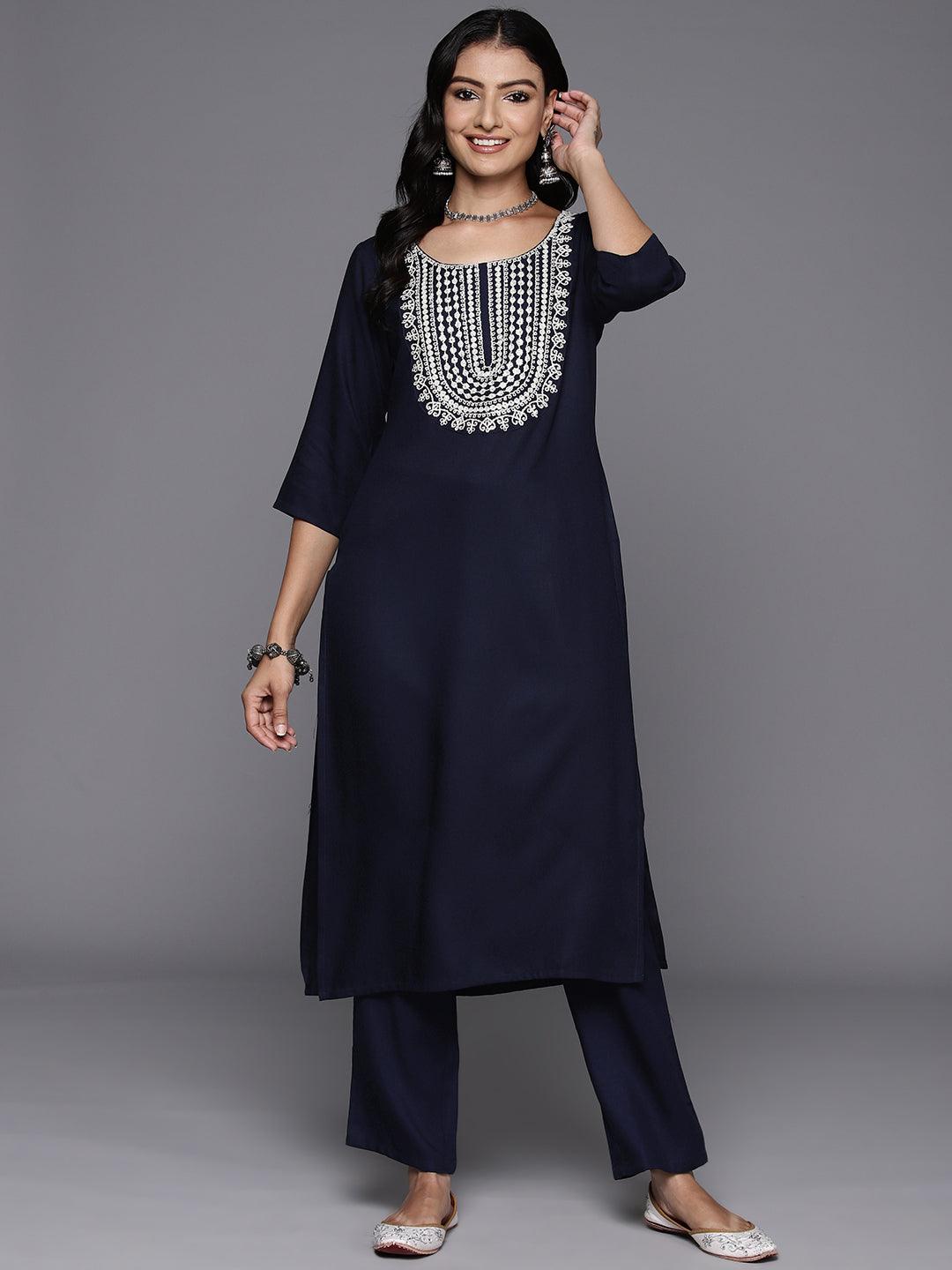 Buy Blue Yoke Design Wool Blend Straight Kurta Set Online at