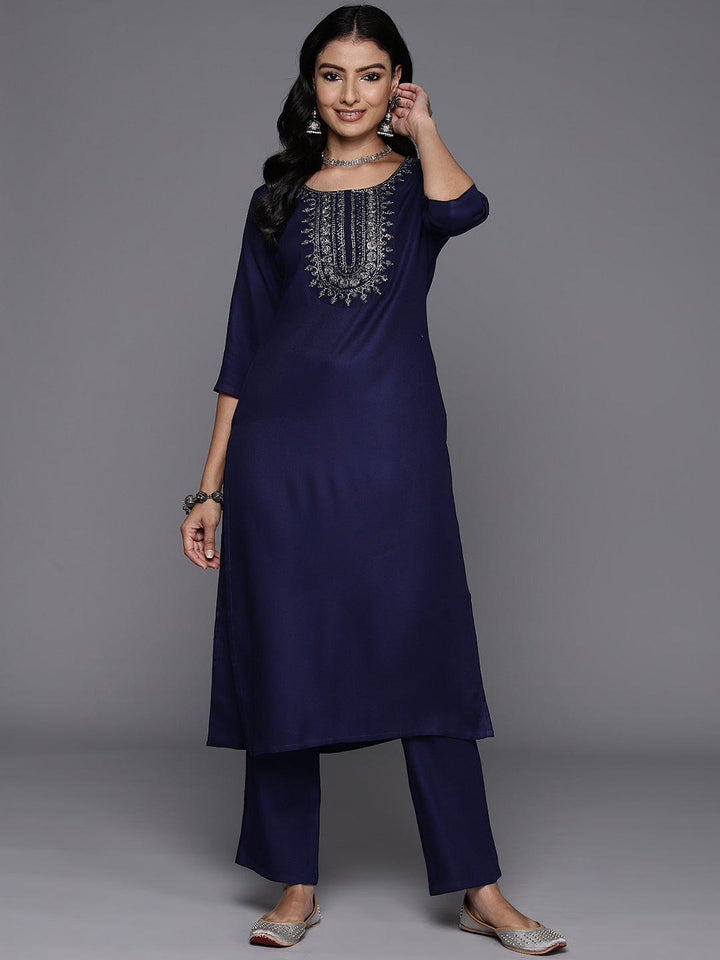 Blue Yoke Design Wool Blend Straight Kurta Set