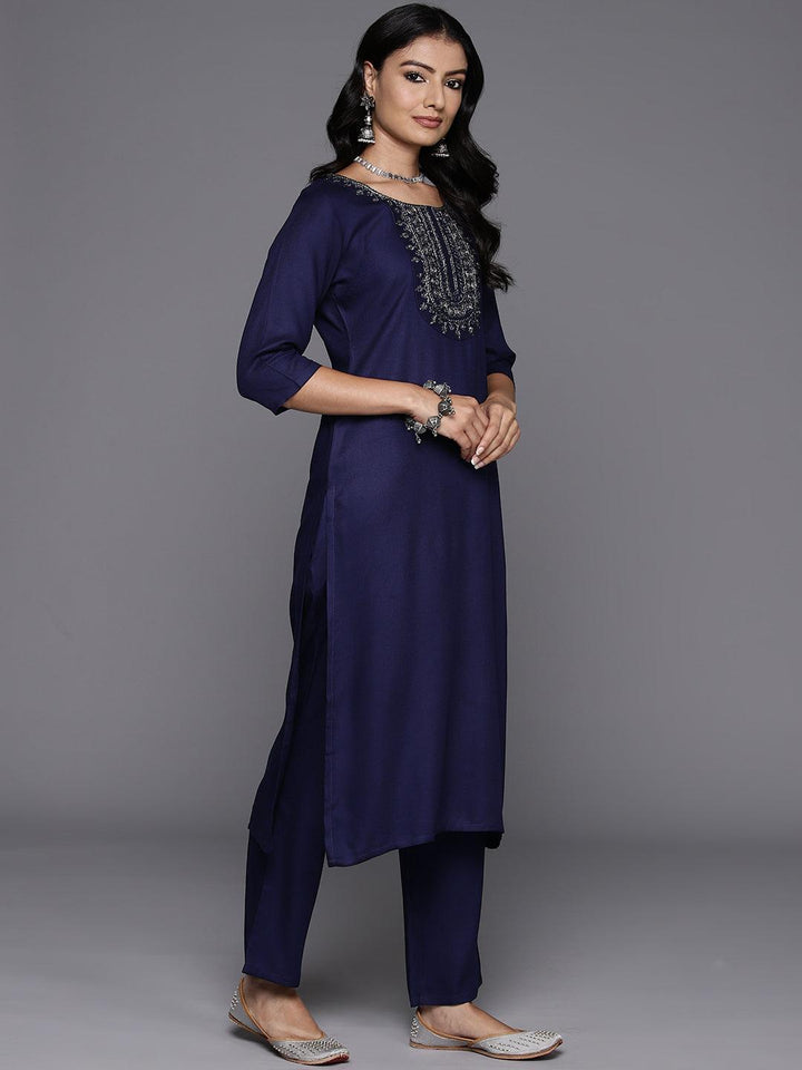 Blue Yoke Design Wool Blend Straight Kurta Set