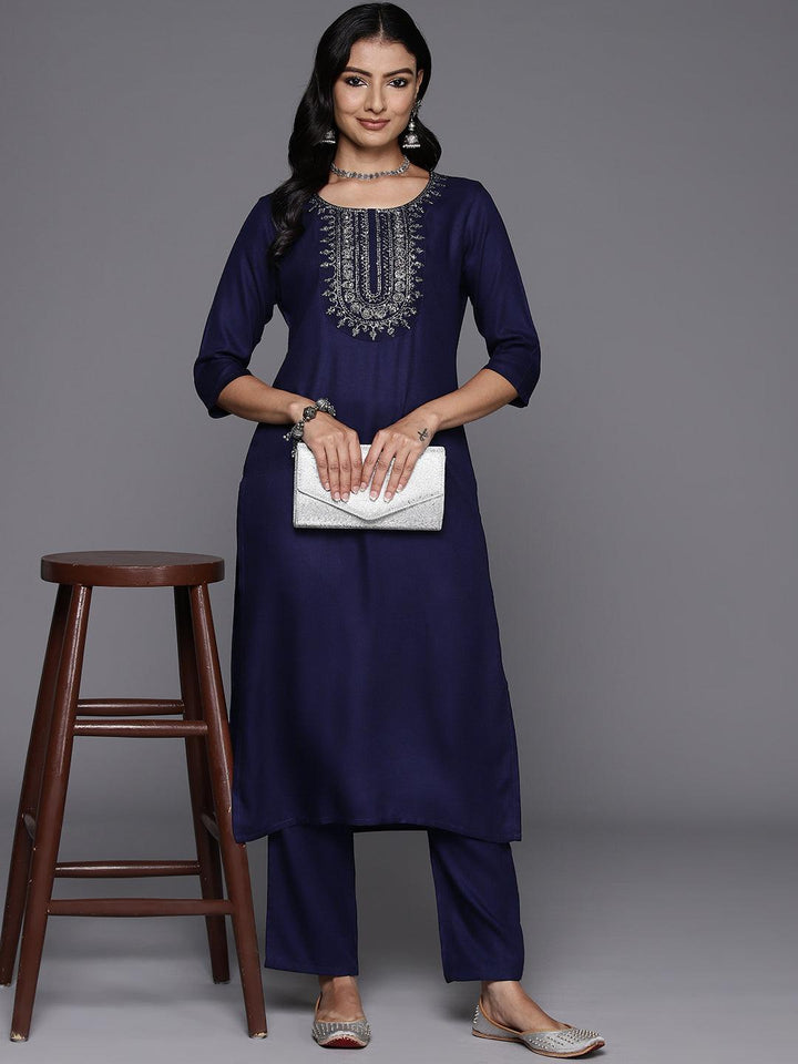 Blue Yoke Design Wool Blend Straight Kurta Set
