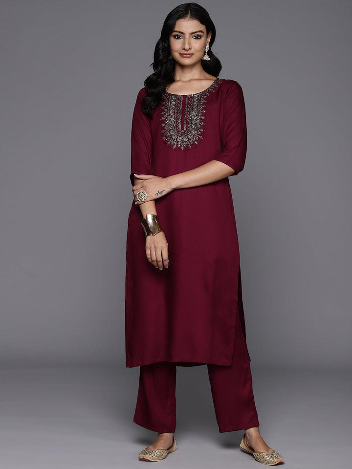 Maroon Yoke Design Wool Blend Straight Kurta Set
